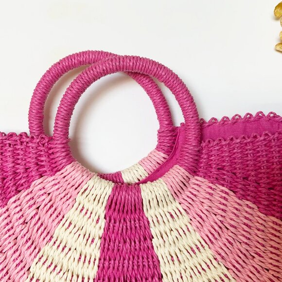 Kids Pink Striped Straw Bag, Little Girl Bag - Picture 3 of 5